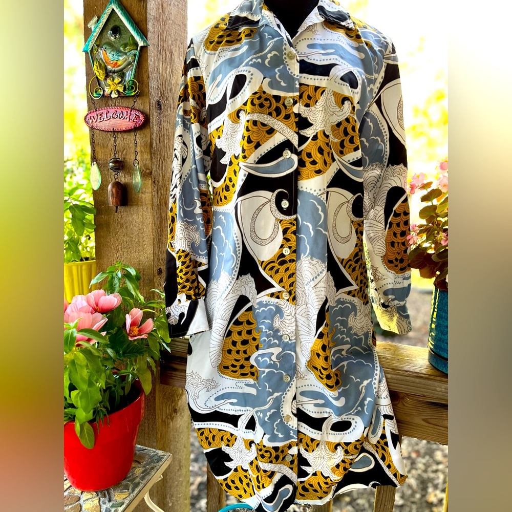 Vintage 70’s Country Miss Mod Print Polyester Long Sleeve Button Shirt Dress 14